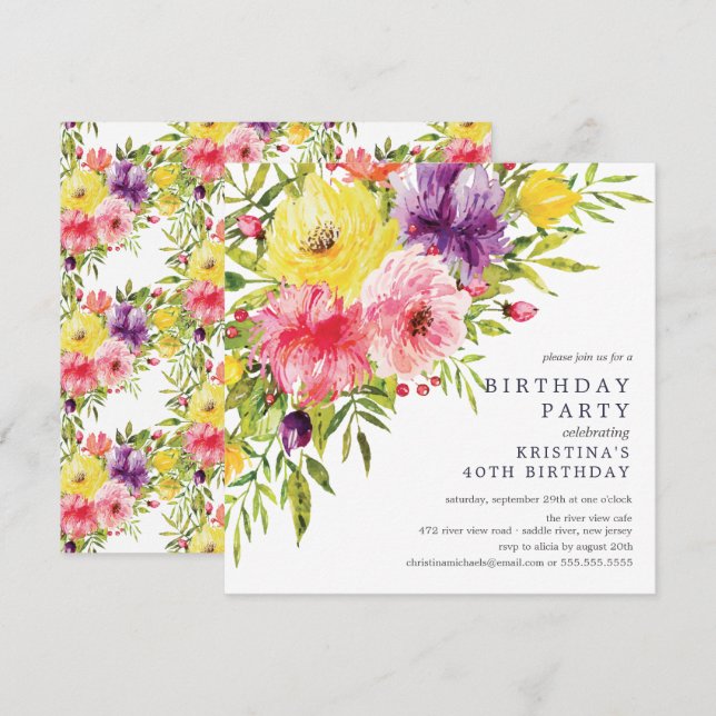 Watercolor Garden Floral Birthday Party Invitation (Front/Back)