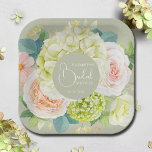 Watercolor Garden Florals Bridal Shower Paper Plate<br><div class="desc">Beautiful watercolor white and green hydrangeas,  pink and cream roses,  daisies,  small blossoms and leaves on sage green,  personalize these paper plates for your bridal shower,  engagement party,  wedding or any occasion with your details in chic lettering. MATCHING items in our collection.</div>