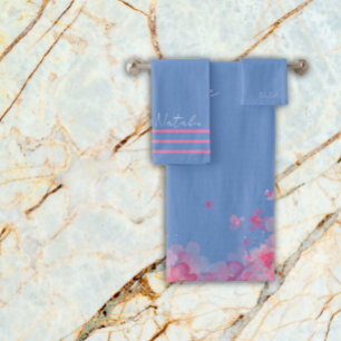 Watercolor garden flower blue pink name bath towel set