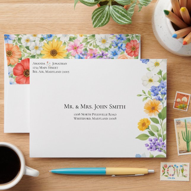 Watercolor Garden Flower Envelope, Botanic Florals Envelope (Desk)