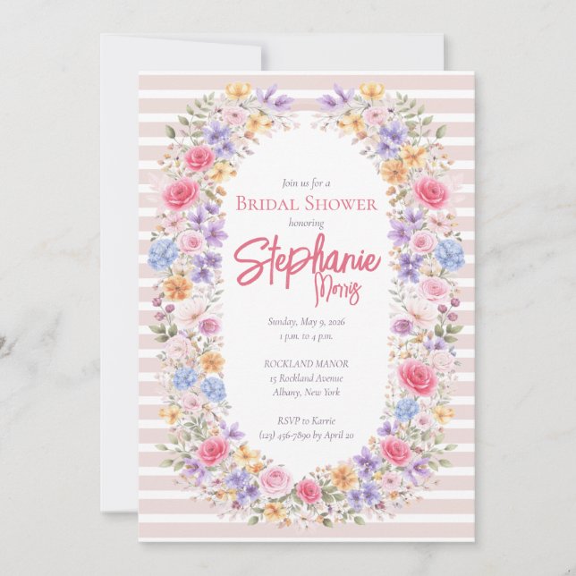 Watercolor Garden Flower Frame Striped Invitation (Devant)