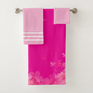 Watercolor garden flower hot pink name bath towel set