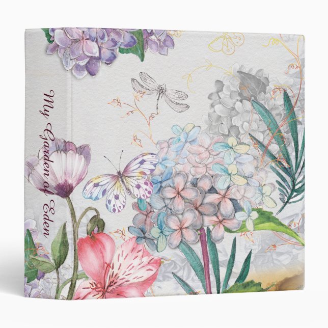 Watercolor Garden Flowers Butterfly Dragonfly Binder (Front/Spine)