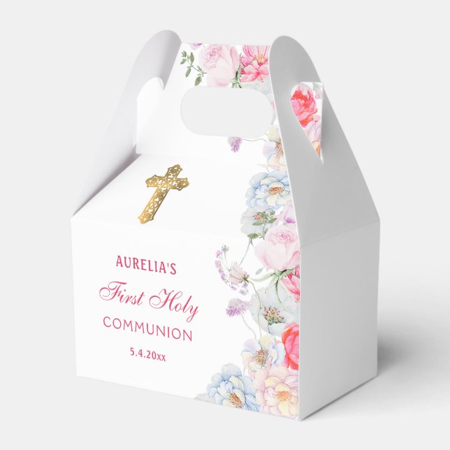 Watercolor Garden Flowers First Communion Gable Favor Box (Front Side)