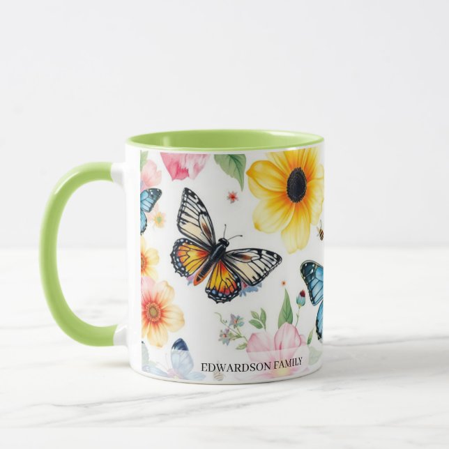 Watercolor garden flowers pattern family name mug (Left)