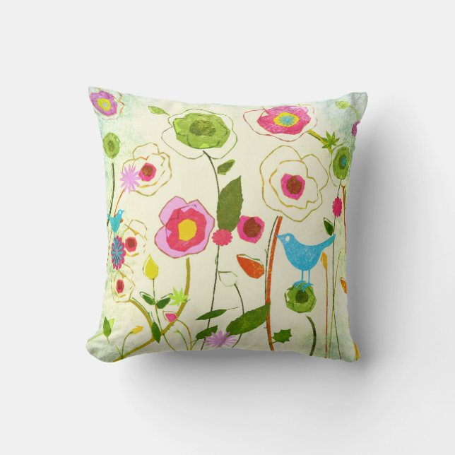 Watercolor Garden Flowers Throw Pillow (Front)