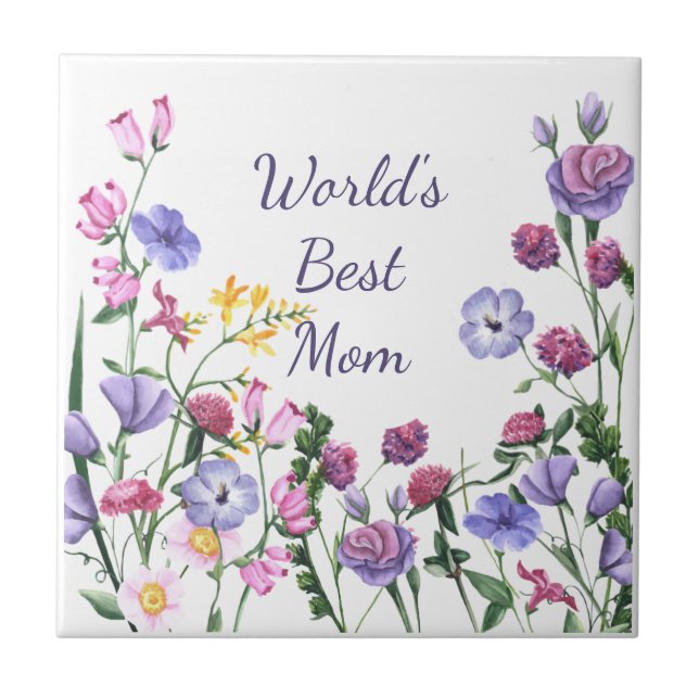 Watercolor Garden Flowers World's Best Mom  Tile (Front)