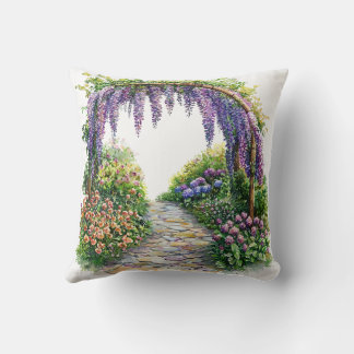 Watercolor Garden Gate Flowery Painting Throw Pillow