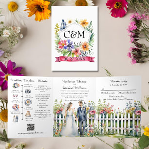 Watercolor Garden Gate Wildflowers Wedding QR Code Tri-Fold Invitation