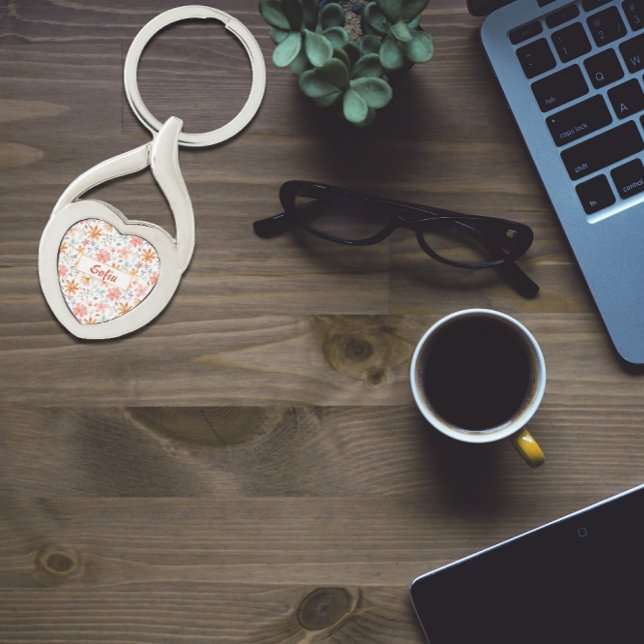 Watercolor garden pattern orange Metal Keychain (Creator Uploaded)