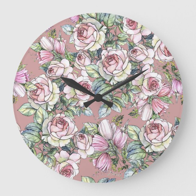 Watercolor Garden: Rose Tulip Elegance. Large Clock (Front)