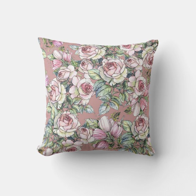 Watercolor Garden: Rose Tulip Elegance. Throw Pillow (Front)