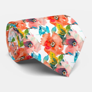Watercolor Garden Roses Coral Orange Aqua Foliage Tie