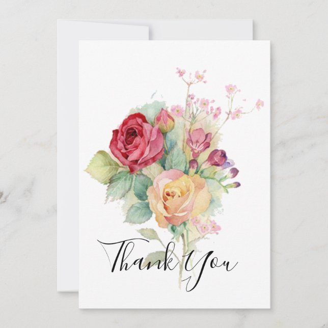 Watercolor Garden Roses Thank You Card (Front)