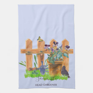 Watercolor Garden Scene Personalized Head Gardener Kitchen Towel