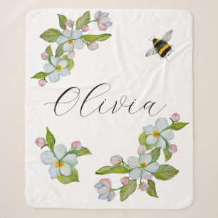 Watercolor garden tree flowers and bumblebee.  sherpa blanket