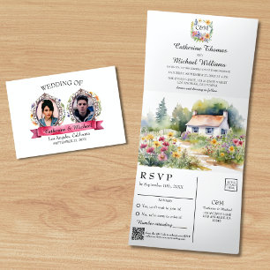Watercolor Garden Wildflower Spring Wedding QRCode Tri-Fold Invitation