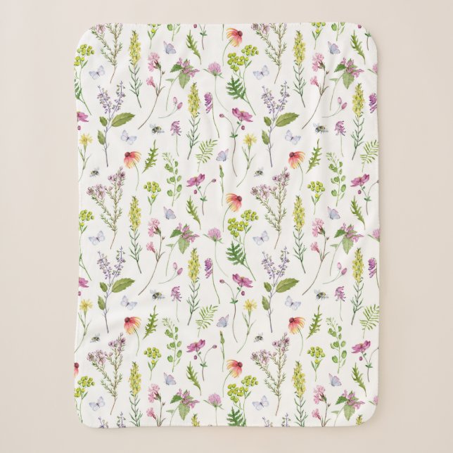 Watercolor Garden Wildflowers Flower Gardening Sherpa Blanket (Front)