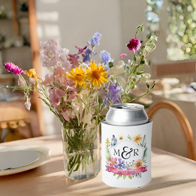 Watercolor Garden Wildflowers Wedding Monogram Can Cooler (Creator Uploaded)
