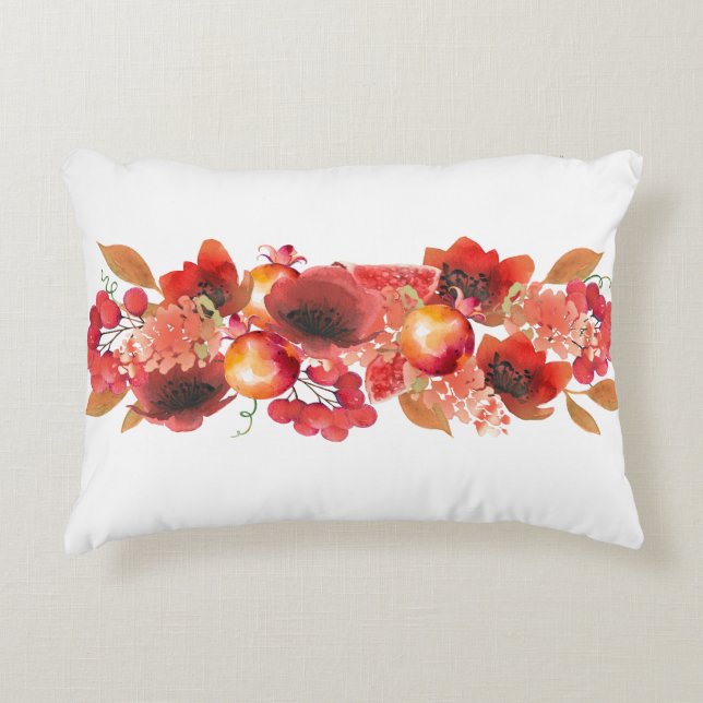 Watercolor Garland of Flowers and Fruits Accent Pillow (Front)
