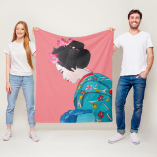 Watercolor Geisha with kimono art theme Japan Fleece Blanket