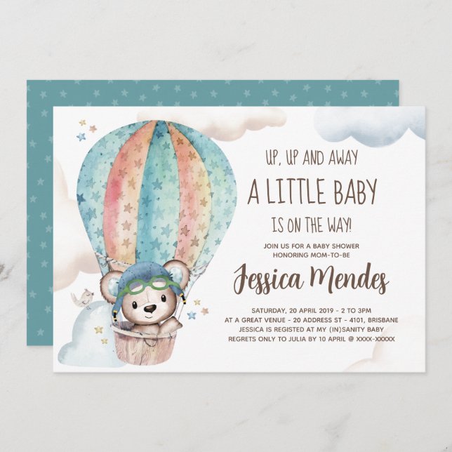 Watercolor Gender Neutral Teddy Bear Baby Shower Invitation (Front/Back)