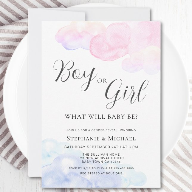 Watercolor Gender Reveal Party Boy or Girl  Invitation (Creator Uploaded)