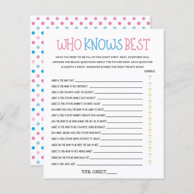 Watercolor Gender Reveal Who Knows Best Game (Front/Back)