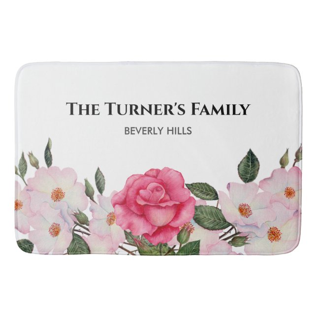 Watercolor Gentle Pink White Roses Illustration Bath Mat (Front)