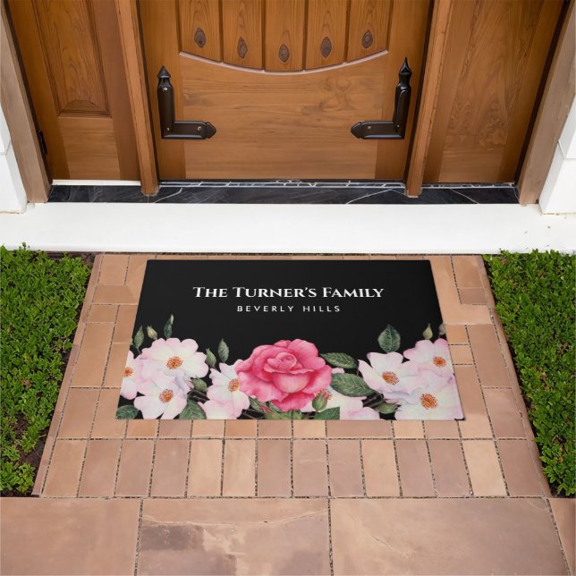Watercolor Gentle Pink White Roses Illustration Doormat (Outdoor)