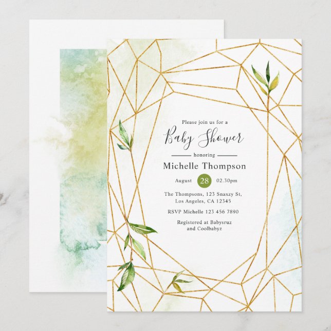 Watercolor Geometric Crystal Greenery Baby Shower Invitation (Front/Back)