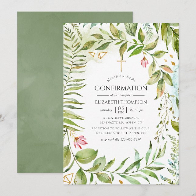 Watercolor Geometric Crystal Greenery Confirmation Invitation (Front/Back)