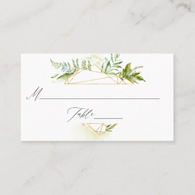 Watercolor Geometric Crystal Greenery Wedding Place Card (Front)
