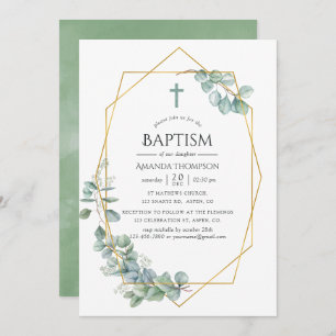 Watercolor Geometric Eucalyptus Baptism Invitation