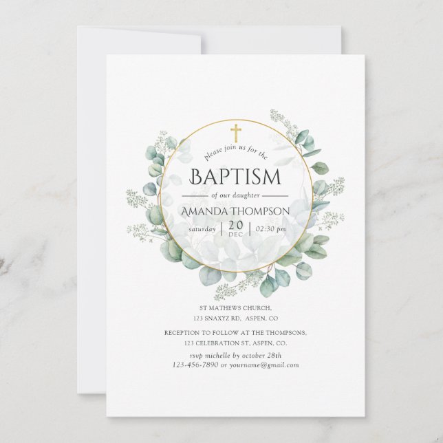 Watercolor Geometric Eucalyptus Baptism Invitation (Front)