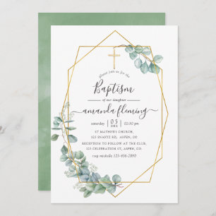 Watercolor Geometric Eucalyptus Baptism Invitation