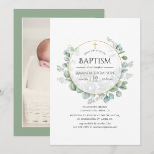 Watercolor Geometric Eucalyptus Baptism Photo Invitation