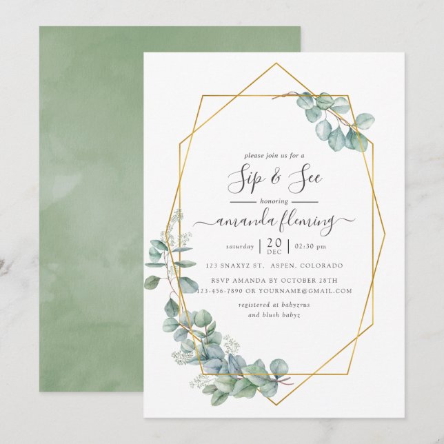 Watercolor Geometric Eucalyptus Sip and See Invitation (Front/Back)