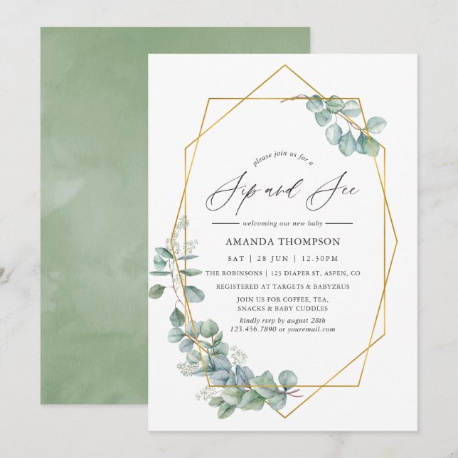 Watercolor Geometric Eucalyptus Sip and See Party Invitation (Front/Back)
