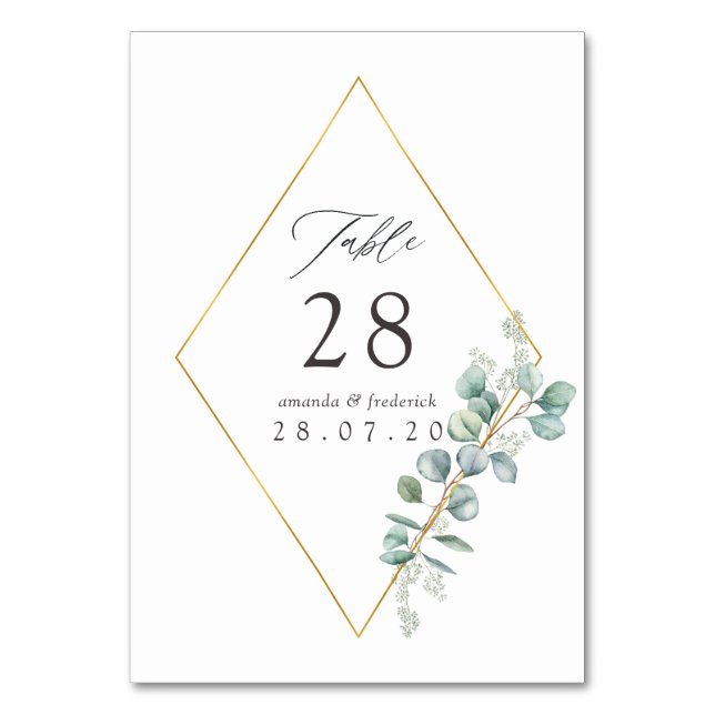 Watercolor Geometric Eucalyptus Wedding Table Number (Front)