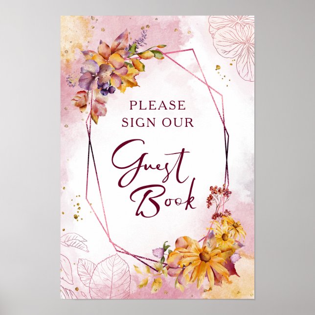 Watercolor Geometric Floral Fall Marsala Wedding Poster (Front)