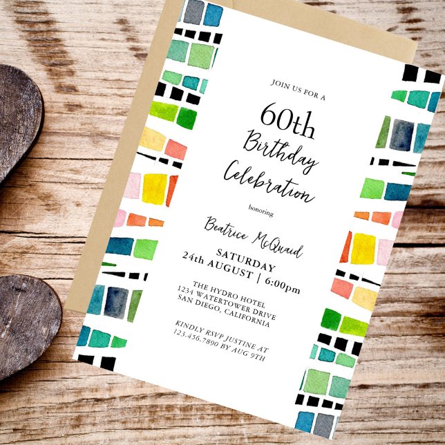 Watercolor Geometric Pattern  60th Birthday Party Invitation (Colorful Modern 60th Birthday Invitation)
