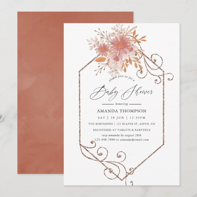 Watercolor Geometric Terracotta Baby Shower Invitation (Front/Back)