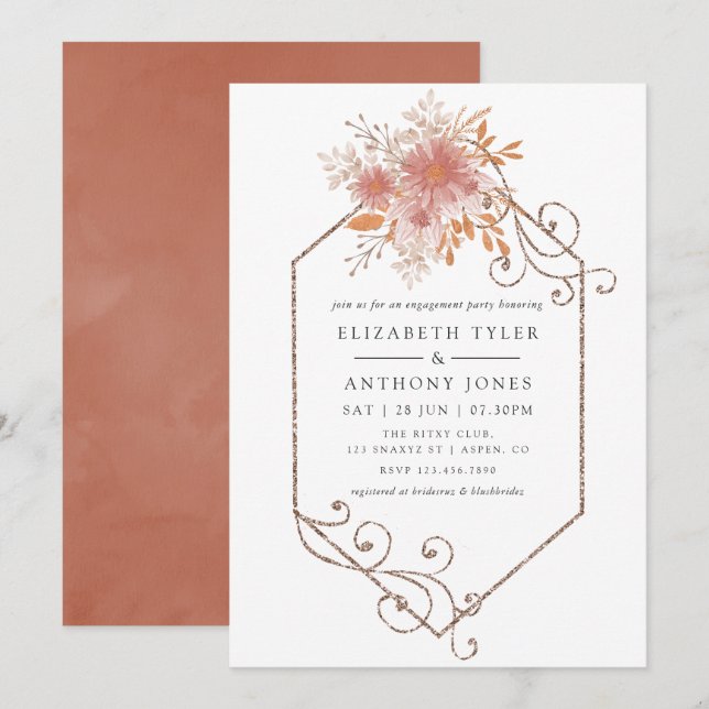 Watercolor Geometric Terracotta Engagement Party Invitation (Front/Back)