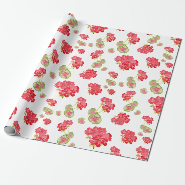 Watercolor Geraniums Pattern    Wrapping Paper (Unrolled)