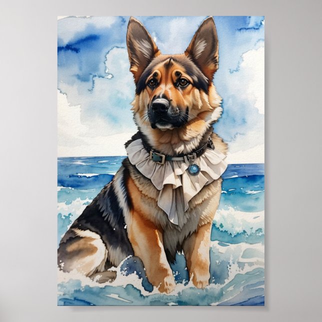 Watercolor German Shepherd at the Beach 5 Poster (Front)