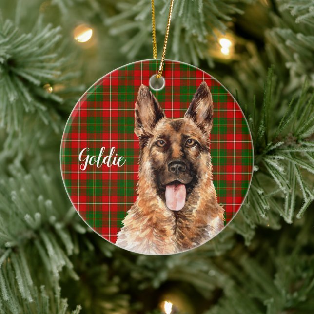 Watercolor German Shepherd Dog Personalized Ceramic Ornament (Tree)