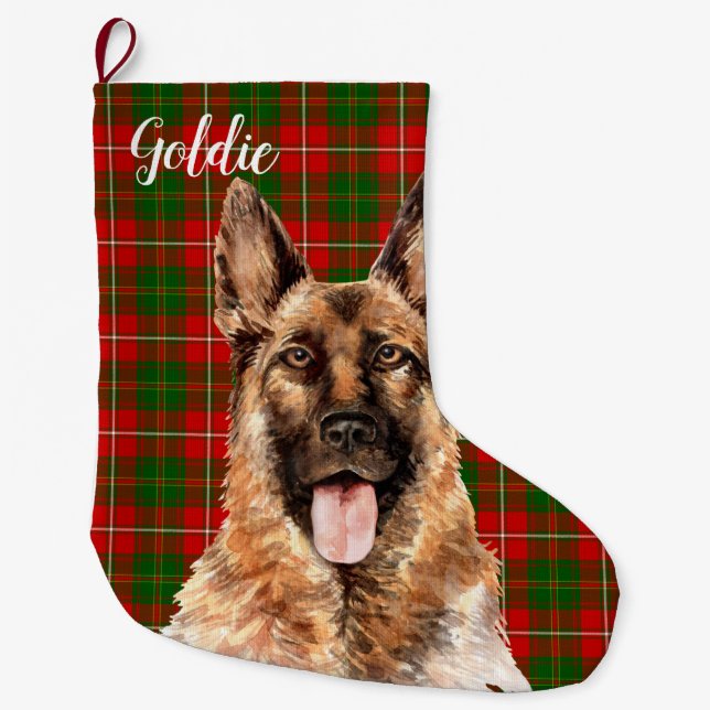 Watercolor German Shepherd Dog Personalized Large Christmas Stocking (Front)