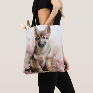 WATERCOLOR GERMAN SHEPHERD PUPPY DOG TOTE BAG