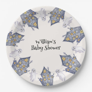 Watercolor ghost House Halloween Fall Paper Plate